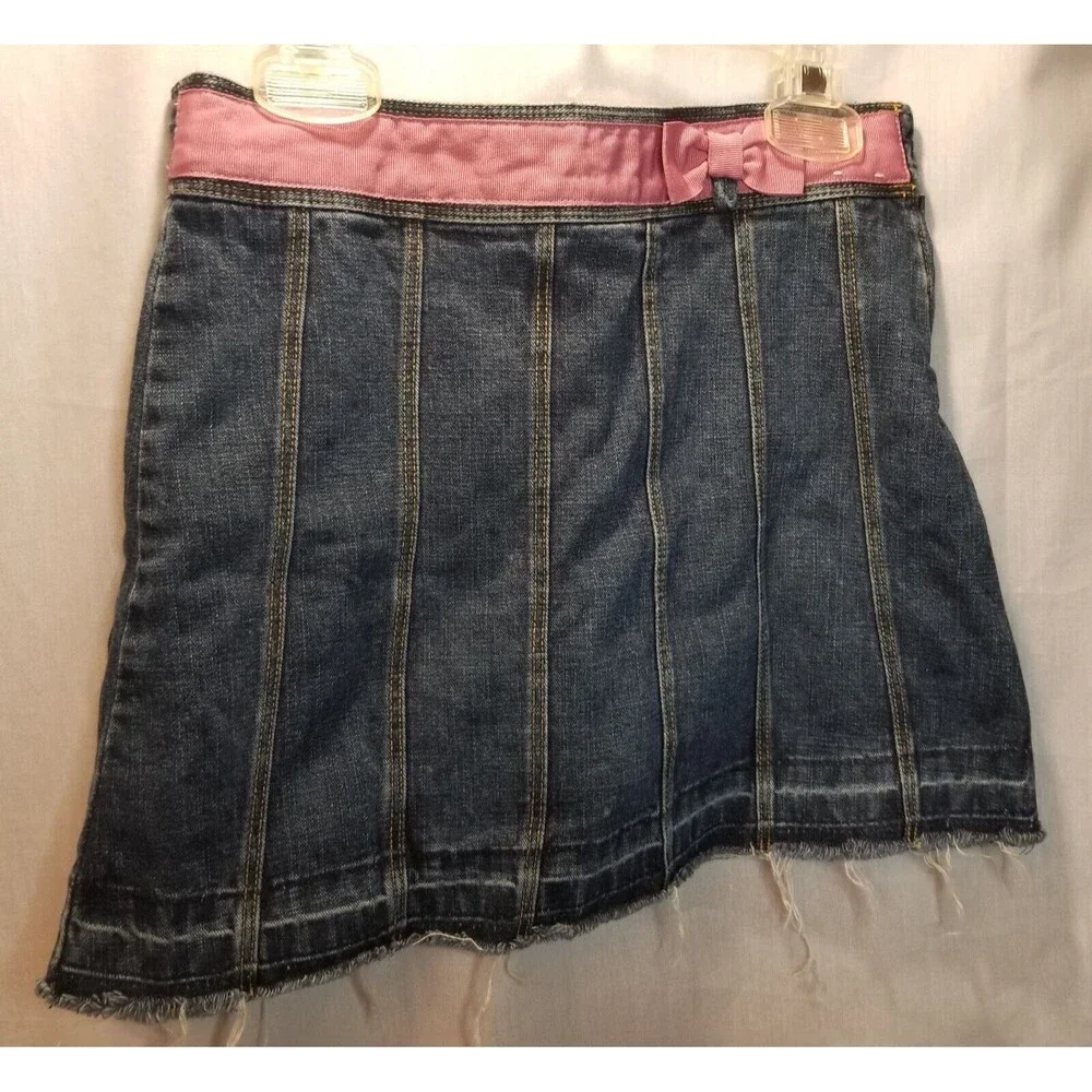 Gymboree Girls Jean Skirt Size 9 Blue Striped Denim Pink Trim Bow Girlcore